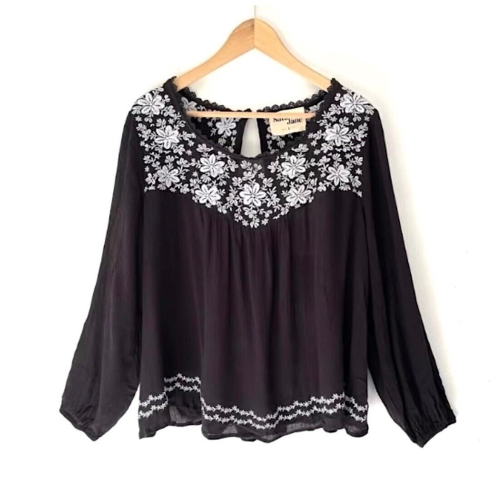 Savanna Jane Black Gauze Embroidered Long Sleeve Blouse Top Tunic Shirt Size L
